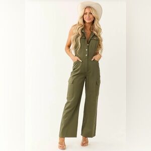 Army green halter cargo pant jumpsuit NWT